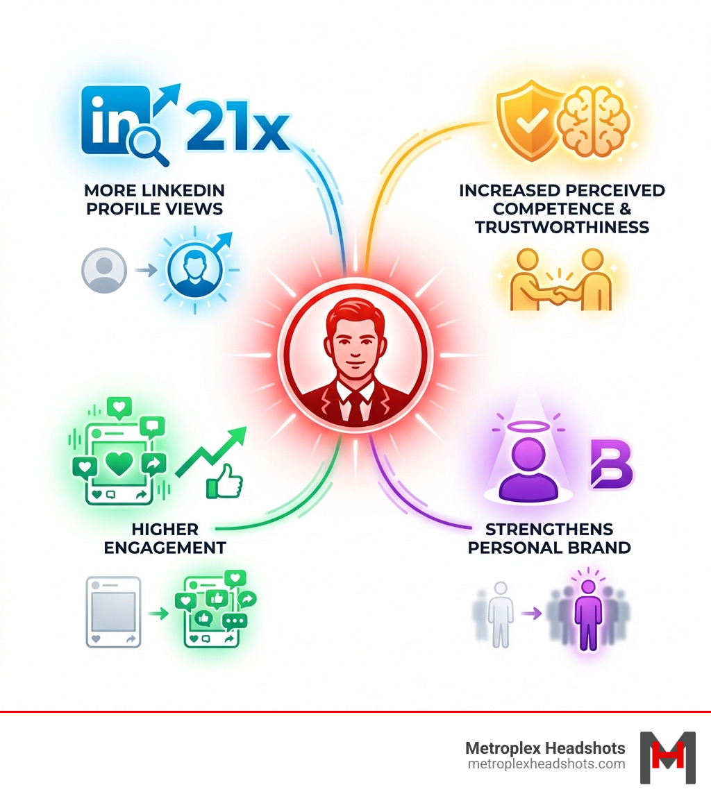 Infographic showing the ROI of professional business portraits: 21x more LinkedIn profile views, increased perceived competence and trustworthiness, higher engagement, and perceived competence - business portrait photographer infographic 