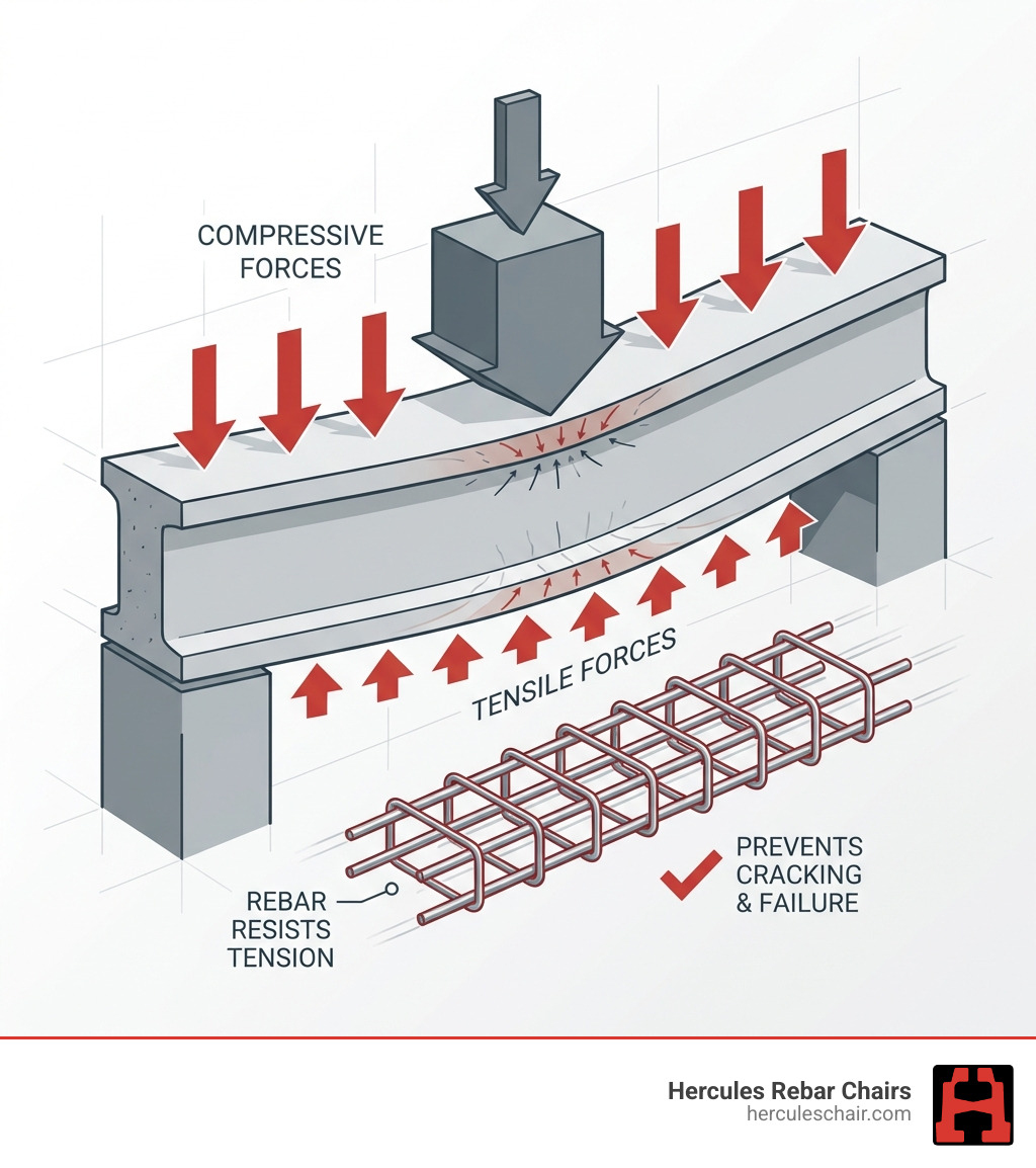 Detailed infographic showing a cross-section of a concrete beam under load, with arrows indicating compressive forces on the top surface and tensile forces on the bottom, where rebar is embedded to resist the tension, preventing the beam from cracking and failing - concrete foundation rebar infographic 