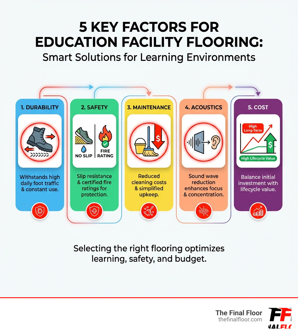 infographic showing 5 key factors for selecting education facility flooring: Durability (heavy traffic icon), Safety (slip resistance and fire rating icons), Maintenance (cleaning cost reduction), Acoustics (sound wave reduction), and Cost (lifecycle value comparison chart) - Education facility flooring infographic infographic showing 5 key factors for selecting education facility flooring: Durability (heavy traffic icon), Safety (slip resistance and fire rating icons), Maintenance (cleaning cost reduction), Acoustics (sound wave reduction), and Cost (lifecycle value comparison chart) - Education facility flooring infographic