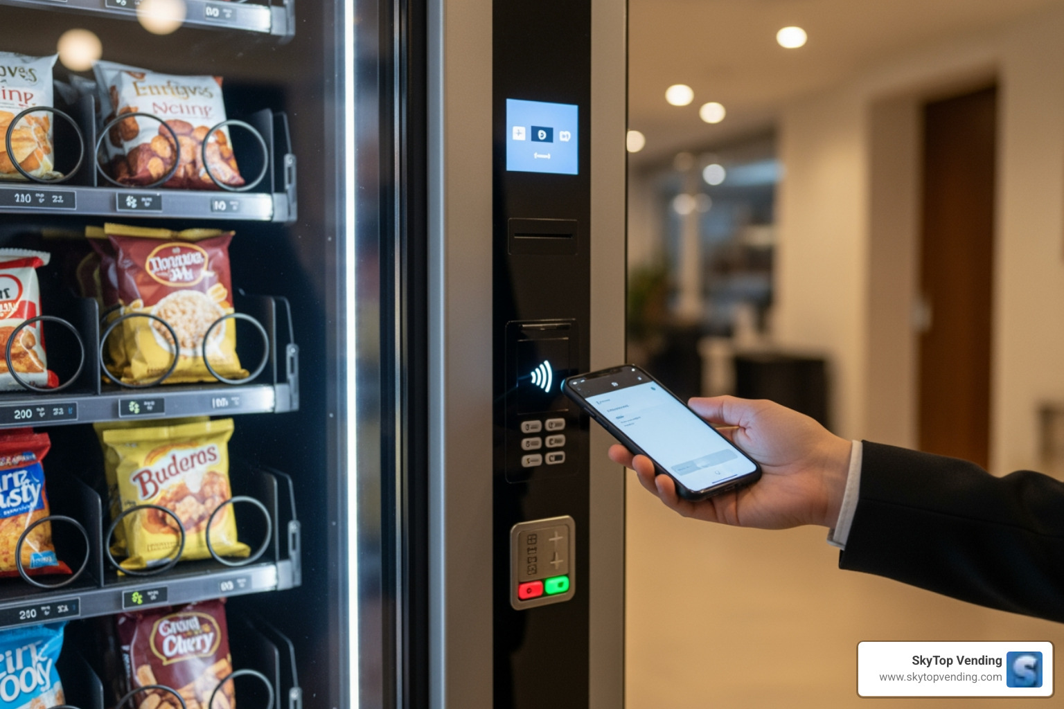 customer tapping their phone to pay at a countertop vending machine - countertop snack vending machine customer tapping their phone to pay at a countertop vending machine - countertop snack vending machine