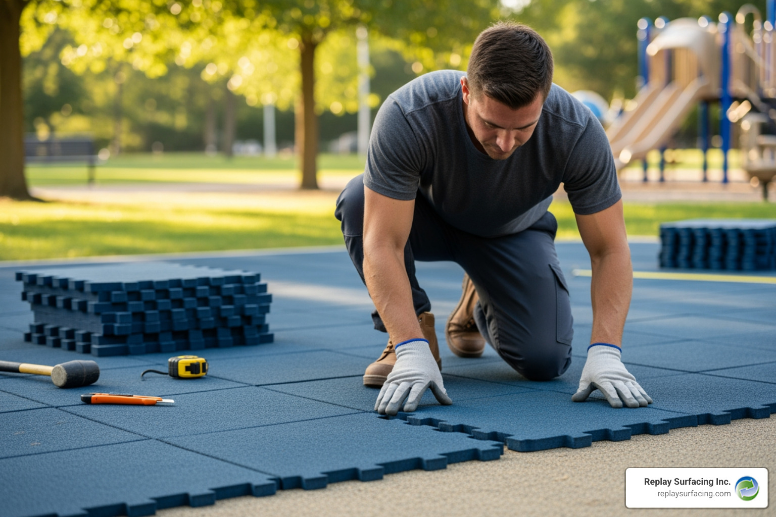 professional installing interlocking rubber tiles on a prepared surface - outdoor rubber playground mats price