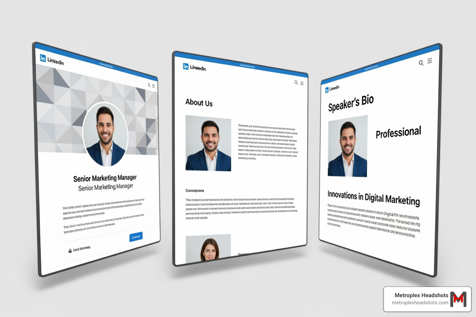 Professional's branding assets, including a LinkedIn profile, website 'About' page, and speaker bio, all featuring a consistent, high-quality headshot - Professional photo shoot