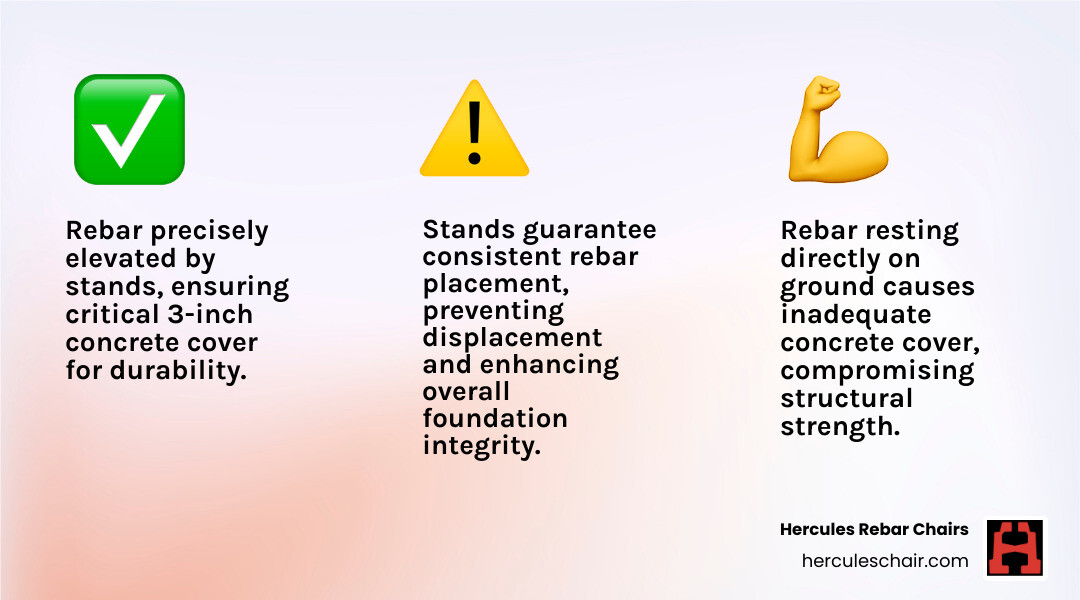 Infographic comparing a concrete footing cross-section with rebar properly elevated on footing stands showing 3-inch clearance versus rebar sitting directly on ground with inadequate concrete cover, highlighting proper vs improper installation - rebar footing stands infographic 3_facts_emoji_light-gradient Infographic comparing a concrete footing cross-section with rebar properly elevated on footing stands showing 3-inch clearance versus rebar sitting directly on ground with inadequate concrete cover, highlighting proper vs improper installation - rebar footing stands infographic 3_facts_emoji_light-gradient
