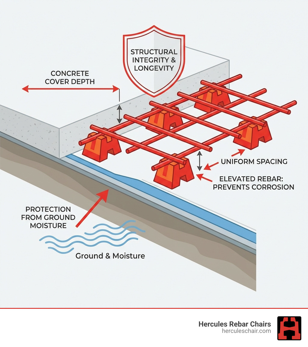 Infographic showing cross-section of concrete slab with rebar properly elevated by support blocks, indicating concrete cover depth, protection from ground moisture, and how supports prevent corrosion by maintaining uniform spacing between rebar and concrete surface - concrete rebar support blocks infographic 