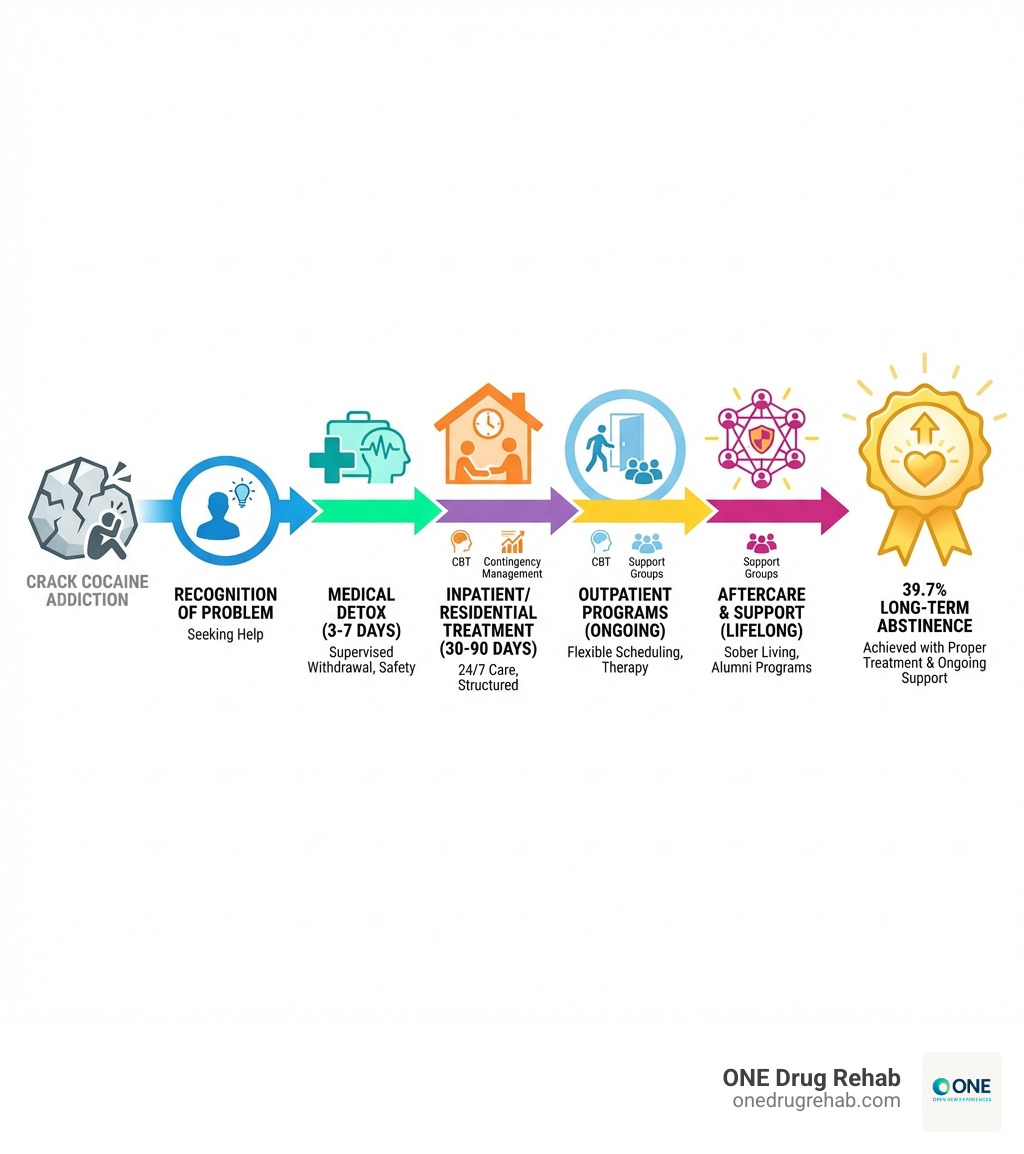 Infographic showing the journey from crack cocaine addiction to recovery, including stages: Recognition of Problem → Medical Detox (3-7 days) → Inpatient/Residential Treatment (30-90 days) → Outpatient Programs (ongoing) → Aftercare & Support (lifelong). Each stage includes key therapies like CBT, Contingency Management, and support groups, with a success rate of 39.7% achieving long-term abstinence. - crack cocaine rehab infographic Infographic showing the journey from crack cocaine addiction to recovery, including stages: Recognition of Problem → Medical Detox (3-7 days) → Inpatient/Residential Treatment (30-90 days) → Outpatient Programs (ongoing) → Aftercare & Support (lifelong). Each stage includes key therapies like CBT, Contingency Management, and support groups, with a success rate of 39.7% achieving long-term abstinence. - crack cocaine rehab infographic