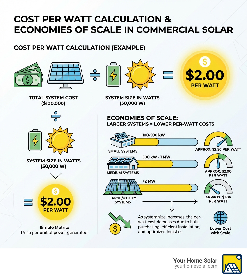infographic showing cost per watt calculation with example: $100,000 total system cost divided by 50,000 watts equals $2.00 per watt, alongside a breakdown showing that larger systems have lower per-watt costs due to economies of scale - average cost per watt commercial solar infographic infographic showing cost per watt calculation with example: $100,000 total system cost divided by 50,000 watts equals $2.00 per watt, alongside a breakdown showing that larger systems have lower per-watt costs due to economies of scale - average cost per watt commercial solar infographic