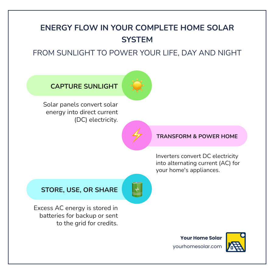 infographic showing energy flow from solar panels through inverter to home appliances, battery storage, and grid connection with arrows indicating direction of power during day, night, and outage scenarios - complete solar system for home infographic infographic-line-3-steps-colors infographic showing energy flow from solar panels through inverter to home appliances, battery storage, and grid connection with arrows indicating direction of power during day, night, and outage scenarios - complete solar system for home infographic infographic-line-3-steps-colors