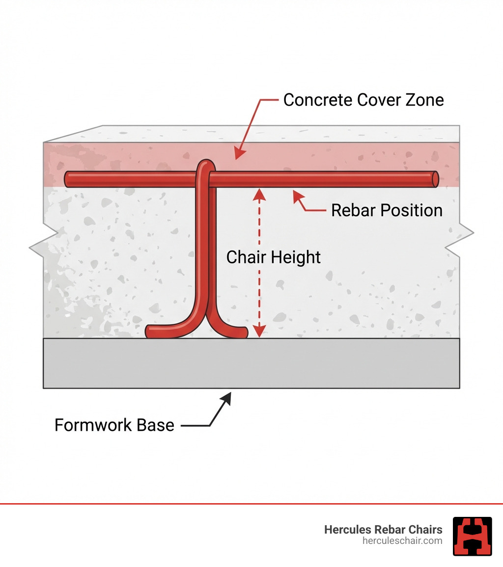 Infographic showing a cross-section view of a concrete slab with a steel rebar chair elevating reinforcing bar to maintain proper concrete cover depth, with labels indicating the chair height, rebar position, concrete cover zone, and formwork base - steel chairs for rebar infographic 