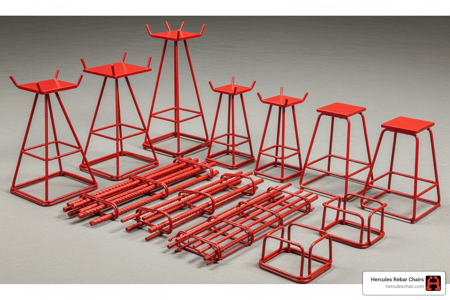 A collection of various red steel rebar chairs, including individual high chairs, slab bolsters, and footer stands, arranged neatly - steel chairs for rebar