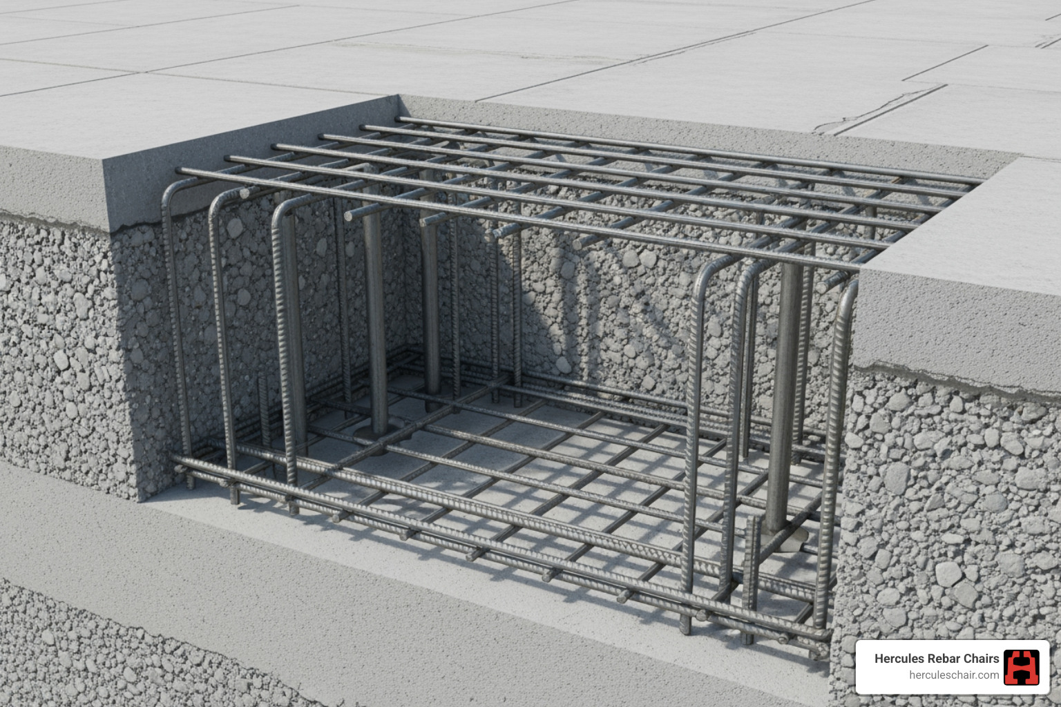 A cross-section of a concrete slab showing rebar held at the correct height by a steel rebar chair, illustrating proper concrete cover and rebar placement - steel chairs for rebar