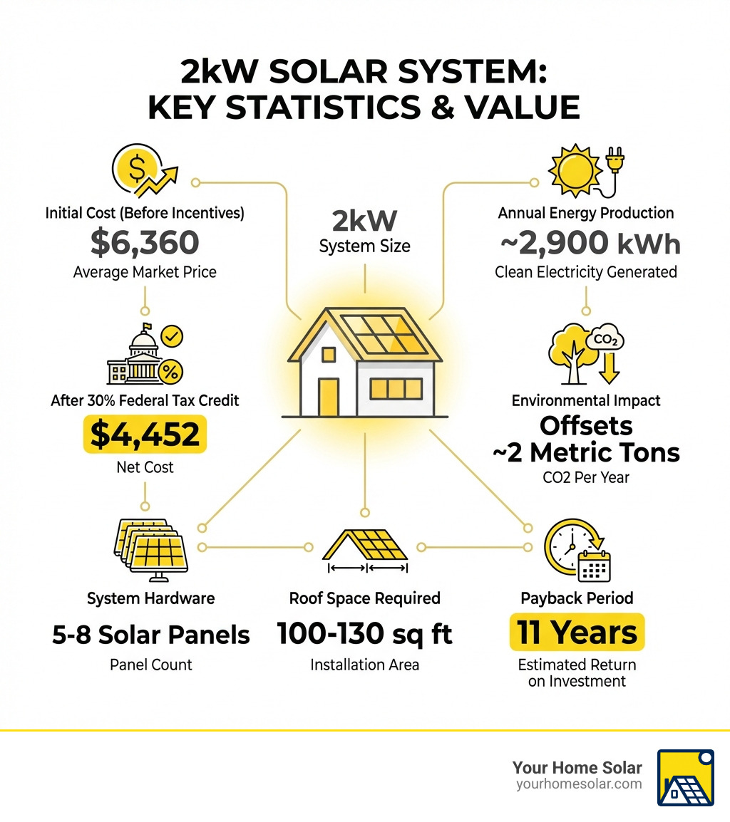Infographic showing 2kW solar system key statistics: average cost before incentives is $6,360, annual production is approximately 2,900 kWh, system requires 5-8 solar panels, offsets about 2 metric tons of CO2 per year, costs $4,452 after federal tax credit, requires 100-130 square feet of roof space, and has an 11-year payback period - 2 kilowatt solar system price infographic Infographic showing 2kW solar system key statistics: average cost before incentives is $6,360, annual production is approximately 2,900 kWh, system requires 5-8 solar panels, offsets about 2 metric tons of CO2 per year, costs $4,452 after federal tax credit, requires 100-130 square feet of roof space, and has an 11-year payback period - 2 kilowatt solar system price infographic