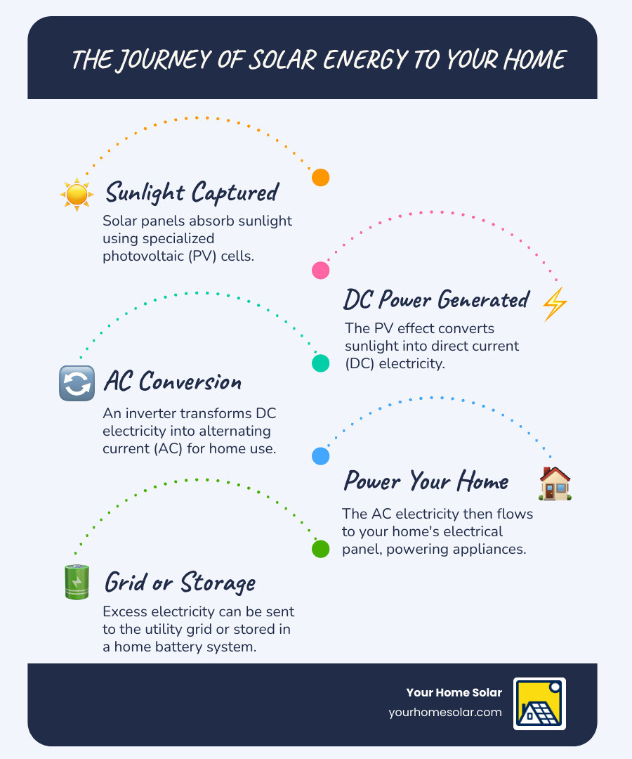 infographic showing solar energy flow from sun through solar panels to inverter to electrical panel to home appliances, with excess energy flowing to utility grid and battery storage - electric solar panels for homes infographic infographic-line-5-steps-blues-accent_colors infographic showing solar energy flow from sun through solar panels to inverter to electrical panel to home appliances, with excess energy flowing to utility grid and battery storage - electric solar panels for homes infographic infographic-line-5-steps-blues-accent_colors