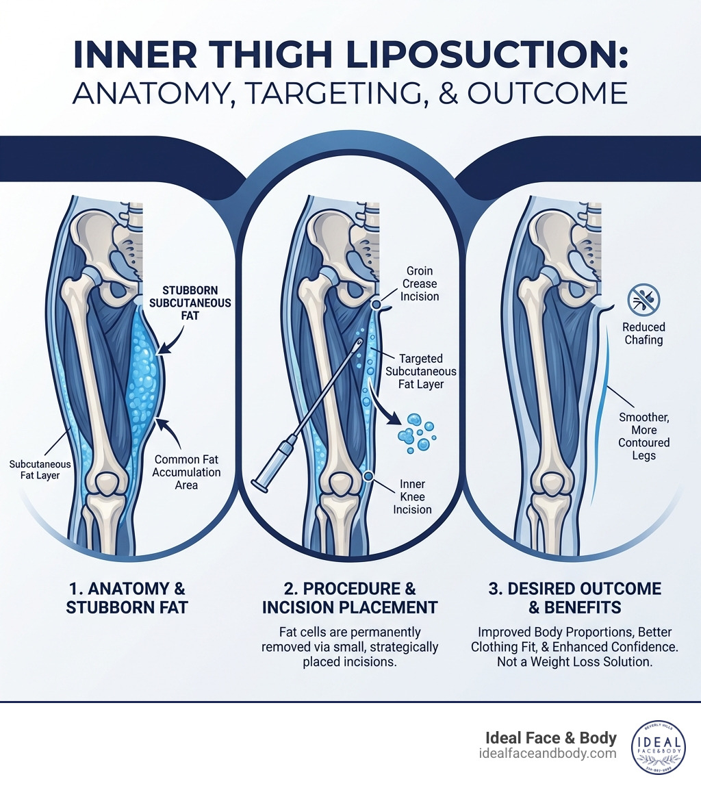 Infographic showing the anatomy of the inner thigh, highlighting common areas where stubborn fat accumulates, the subcutaneous fat layer targeted by liposuction, typical incision placement locations (near the groin crease or inner knee), and the desired outcome of smoother, more contoured inner thighs with reduced chafing - inner thigh liposuction infographic Infographic showing the anatomy of the inner thigh, highlighting common areas where stubborn fat accumulates, the subcutaneous fat layer targeted by liposuction, typical incision placement locations (near the groin crease or inner knee), and the desired outcome of smoother, more contoured inner thighs with reduced chafing - inner thigh liposuction infographic