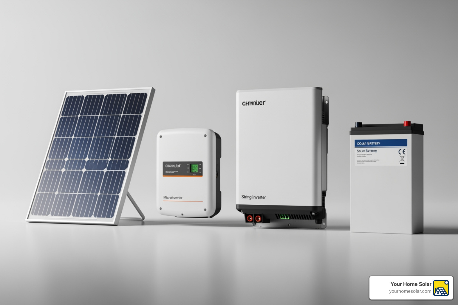 solar panel, microinverter, string inverter, and solar battery laid out - complete solar system for home solar panel, microinverter, string inverter, and solar battery laid out - complete solar system for home