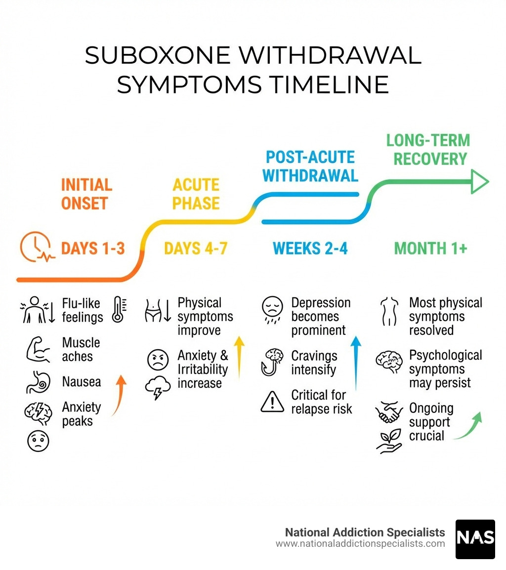 Detailed timeline showing the progression of Suboxone withdrawal symptoms from initial onset through acute phase, post-acute withdrawal, and long-term recovery, with specific symptoms listed for each timeframe - suboxone withdrawal symptoms timeline infographic Detailed timeline showing the progression of Suboxone withdrawal symptoms from initial onset through acute phase, post-acute withdrawal, and long-term recovery, with specific symptoms listed for each timeframe - suboxone withdrawal symptoms timeline infographic