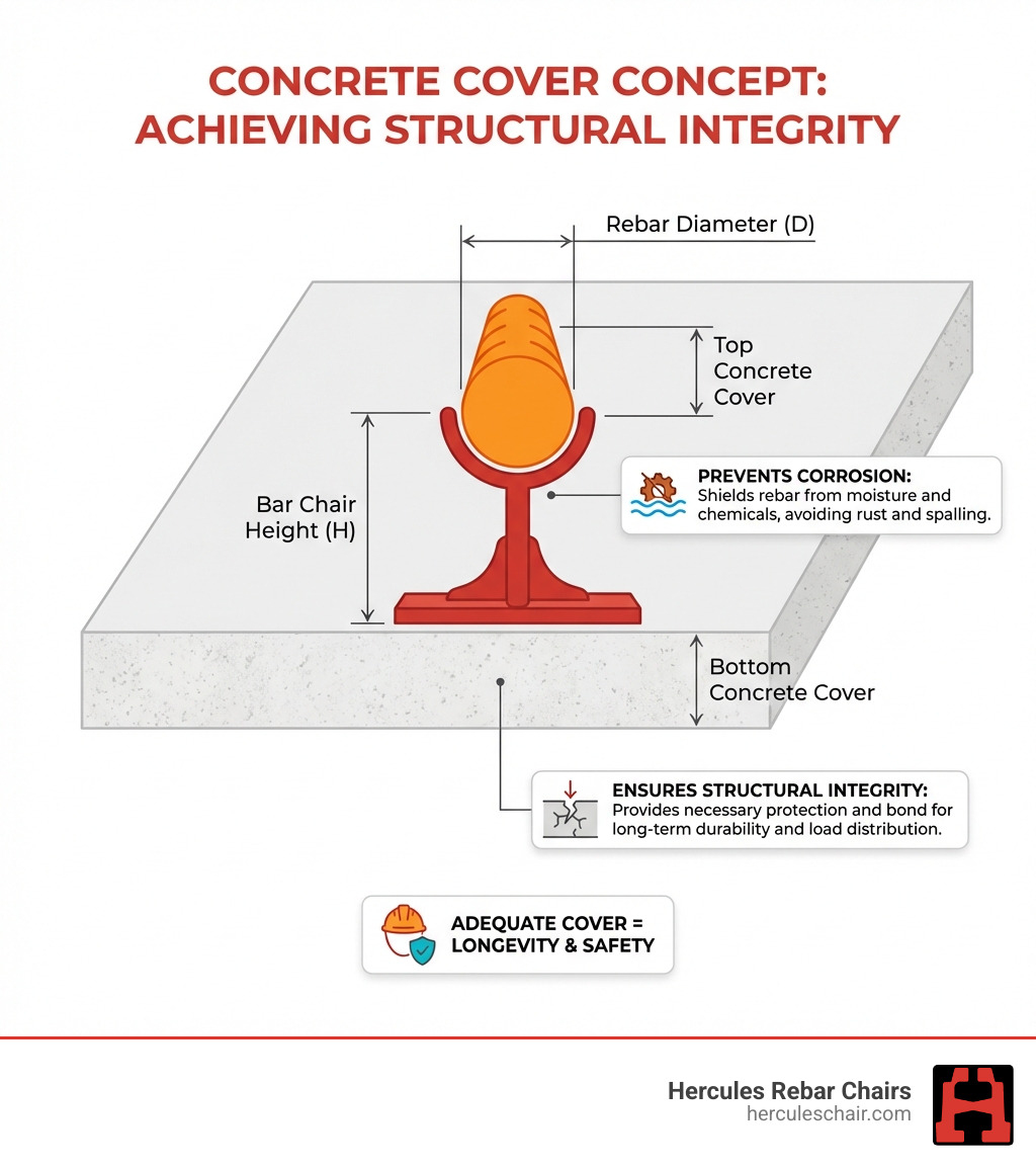 Infographic showing concrete cover concept: cross-section diagram of a concrete slab with rebar supported by bar chairs, clearly labeled dimensions showing bar chair height, rebar diameter, and resulting top and bottom concrete cover measurements, with callouts explaining why adequate cover prevents corrosion and ensures structural integrity - concrete bar chair sizes infographic 