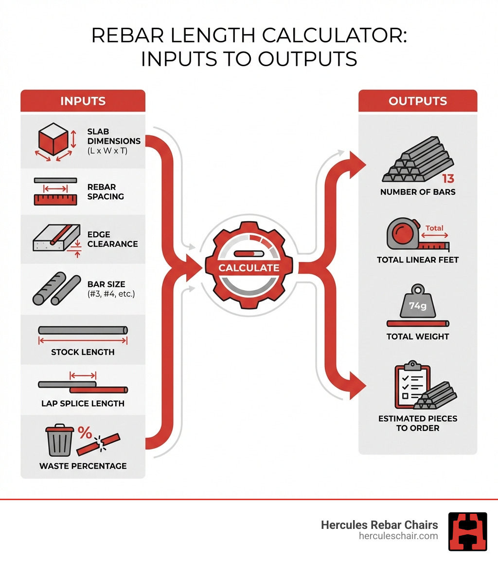 Infographic showing rebar length calculator inputs (slab dimensions, rebar spacing, edge clearance, bar size, stock length, lap splice length, waste percentage) flowing into outputs (number of bars, total linear feet, total weight, estimated pieces to order) - rebar length calculator infographic 