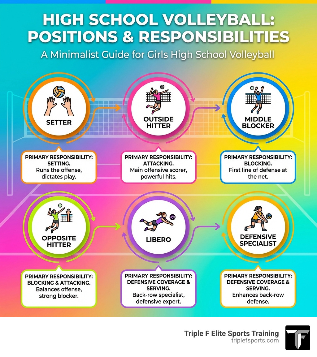 infographic showing six volleyball positions (setter, outside hitter, middle blocker, opposite hitter, libero, defensive specialist) with their primary responsibilities including setting, attacking, blocking, blocking, serving, and defensive coverage - Girls high school volleyball infographic infographic showing six volleyball positions (setter, outside hitter, middle blocker, opposite hitter, libero, defensive specialist) with their primary responsibilities including setting, attacking, blocking, blocking, serving, and defensive coverage - Girls high school volleyball infographic