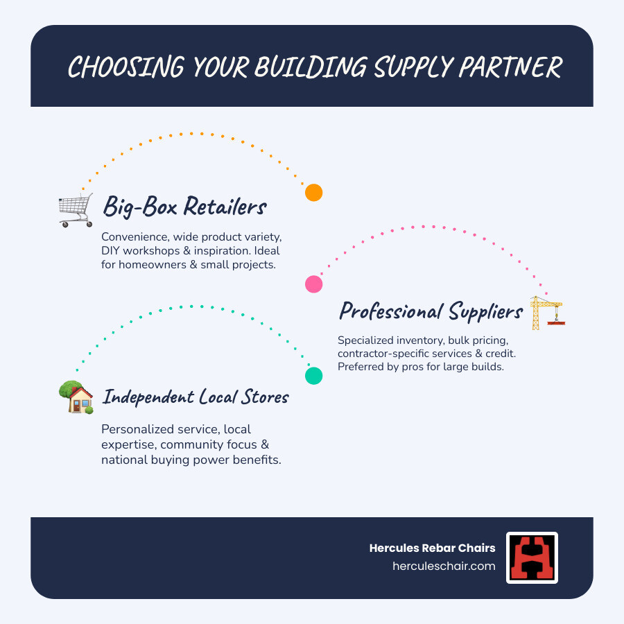Infographic showing three types of building supply stores: Big-Box Retailers (Home Depot, Lowe's) offering convenience and DIY resources with wide product variety; Professional Suppliers (Builders FirstSource) providing contractor-specific services, bulk pricing, and specialized inventory; and Independent Local Stores offering personalized service, community focus, and expert advice with national buying group benefits - building supply stores infographic infographic-line-3-steps-blues-accent_colors Infographic showing three types of building supply stores: Big-Box Retailers (Home Depot, Lowe's) offering convenience and DIY resources with wide product variety; Professional Suppliers (Builders FirstSource) providing contractor-specific services, bulk pricing, and specialized inventory; and Independent Local Stores offering personalized service, community focus, and expert advice with national buying group benefits - building supply stores infographic infographic-line-3-steps-blues-accent_colors