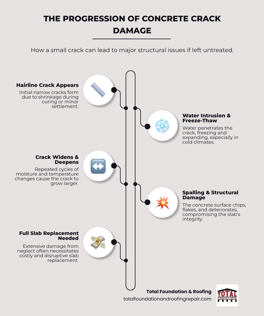 infographic showing the progression of concrete crack damage: 1) Initial hairline crack appears from shrinkage, 2) Water enters crack and freezes/expands, 3) Crack widens and deepens over time, 4) Spalling and structural damage occurs, 5) Complete slab replacement needed if left untreated, with cost estimates at each stage - concrete pad crack repair infographic infographic-line-5-steps-elegant_beige infographic showing the progression of concrete crack damage: 1) Initial hairline crack appears from shrinkage, 2) Water enters crack and freezes/expands, 3) Crack widens and deepens over time, 4) Spalling and structural damage occurs, 5) Complete slab replacement needed if left untreated, with cost estimates at each stage - concrete pad crack repair infographic infographic-line-5-steps-elegant_beige