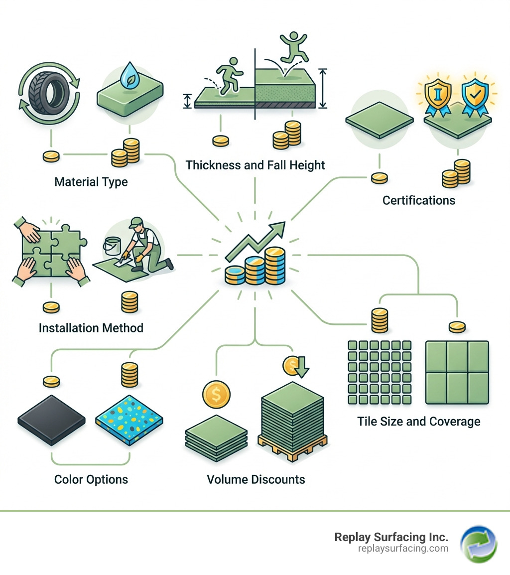 Infographic showing the main factors affecting outdoor rubber playground mats price including material type (recycled vs virgin rubber), thickness and fall height rating, certifications (IPEMA, ASTM), tile size and coverage area, volume discounts, color options, and installation method - outdoor rubber playground mats price infographic 