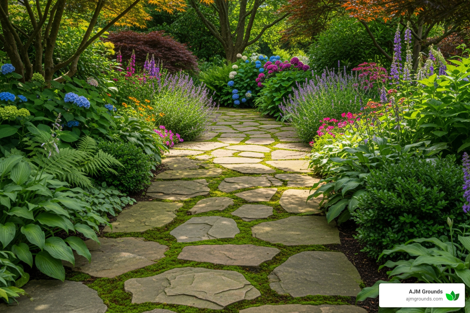 A natural flagstone path with moss growing between the stones, winding through a lush garden, creating an organic and rustic feel. - Backyard walkway ideas