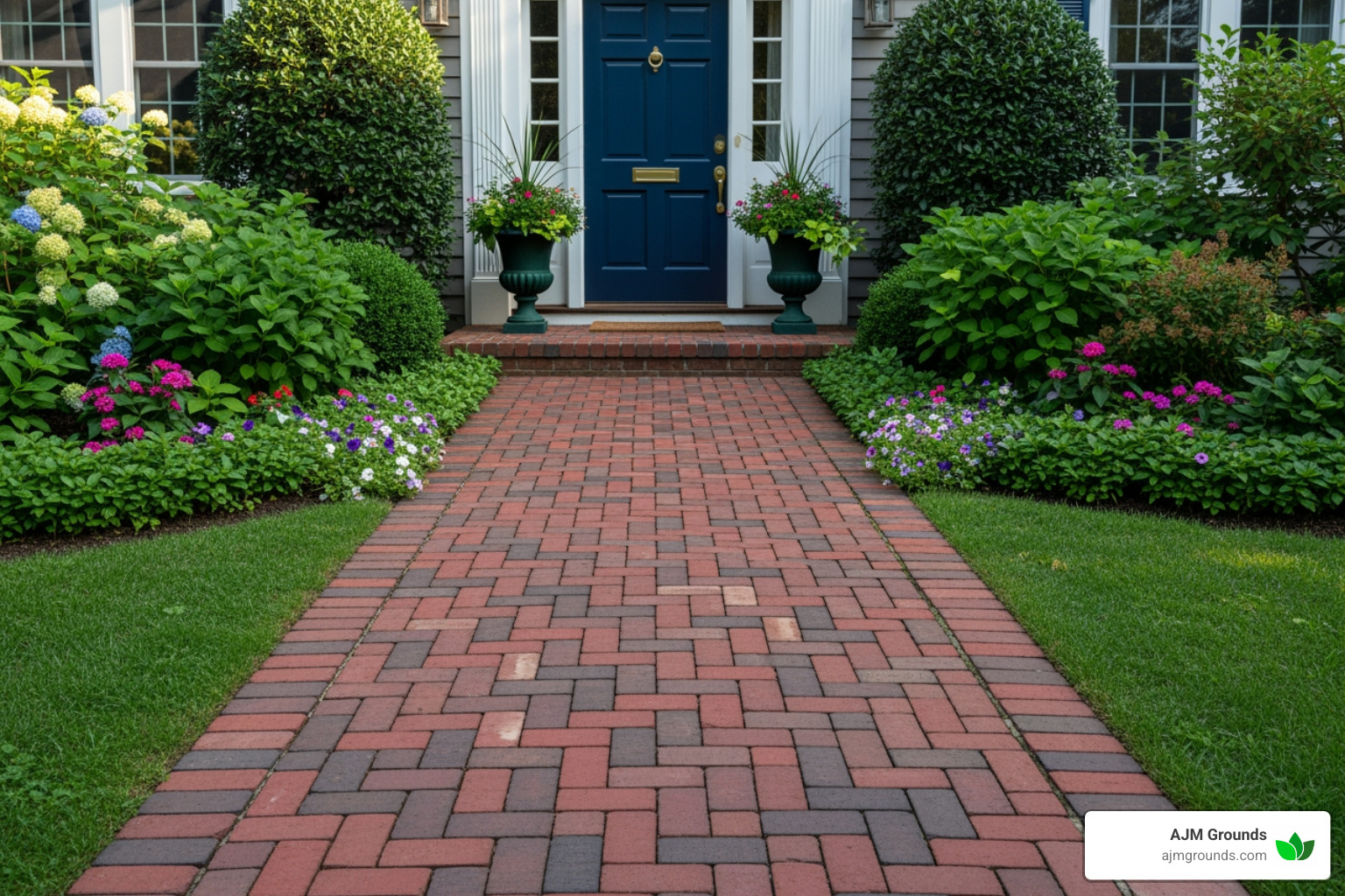 A classic red brick walkway in a herringbone pattern leading to a front door, surrounded by lush green landscaping. - Backyard walkway ideas