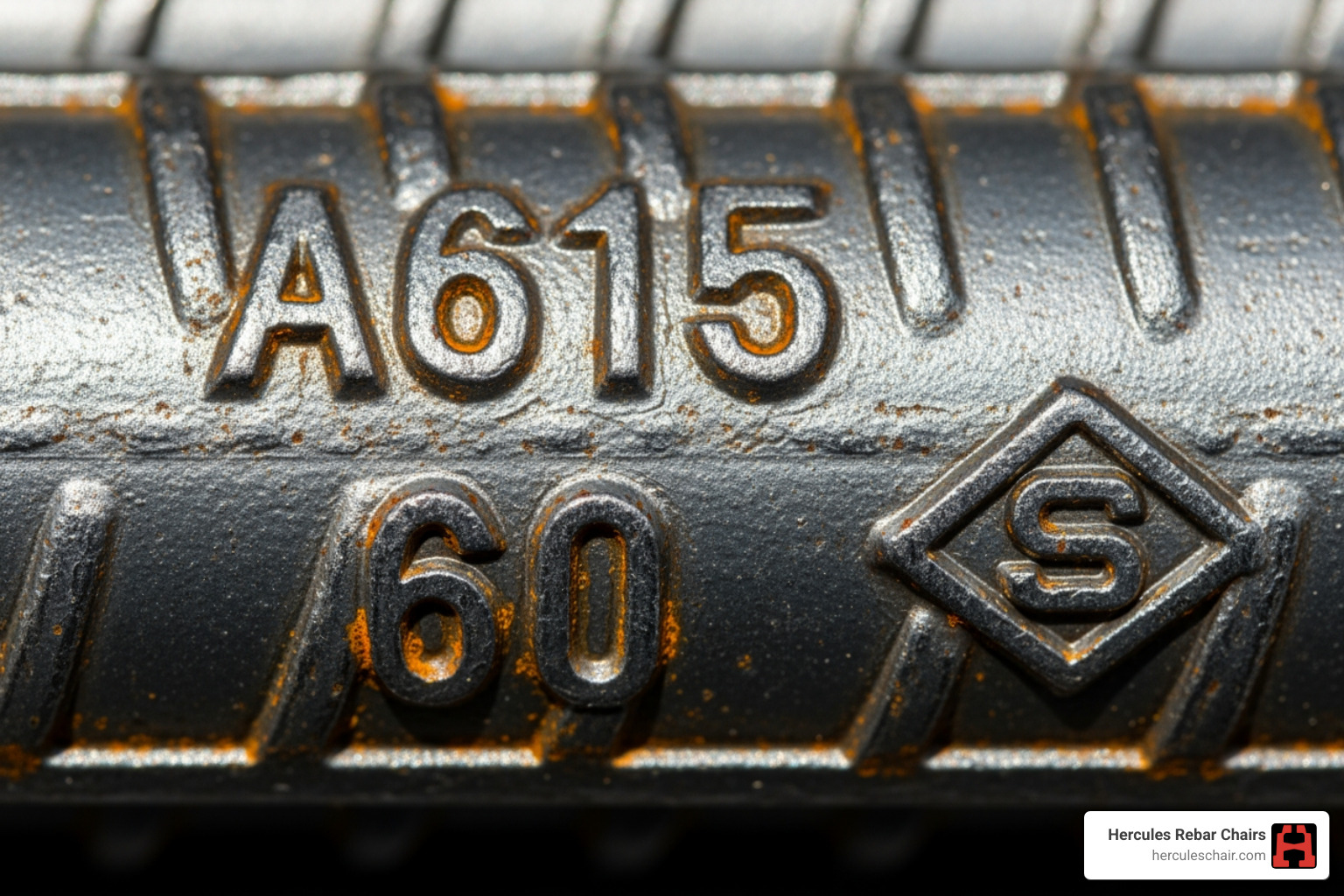 Close-up of rebar markings showing ASTM A615, grade 60, and mill identification - 3 4 rebar for sale