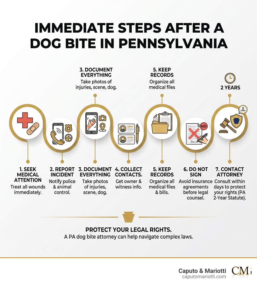 Infographic showing the immediate steps after a dog bite in Pennsylvania: 1) Seek immediate medical attention for all wounds, 2) Report the incident to local police and animal control, 3) Document everything with photos of injuries, location, and the dog if safe, 4) Collect contact information from the dog owner and any witnesses, 5) Keep all medical records and bills organized, 6) Do not sign anything from insurance companies before consulting a lawyer, 7) Contact an experienced dog bite attorney within days of the incident to protect your legal rights before the two-year statute of limitations expires - dog bite attorney PA infographic Infographic showing the immediate steps after a dog bite in Pennsylvania: 1) Seek immediate medical attention for all wounds, 2) Report the incident to local police and animal control, 3) Document everything with photos of injuries, location, and the dog if safe, 4) Collect contact information from the dog owner and any witnesses, 5) Keep all medical records and bills organized, 6) Do not sign anything from insurance companies before consulting a lawyer, 7) Contact an experienced dog bite attorney within days of the incident to protect your legal rights before the two-year statute of limitations expires - dog bite attorney PA infographic