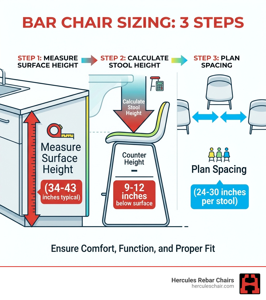 Infographic showing 3 steps to determine bar chair sizes: Step 1 shows a measuring tape going from floor to counter surface labeled "Measure Surface Height (34-43 inches typical)", Step 2 shows a side view of a stool with arrows indicating "Calculate Stool Height (9-12 inches below surface)", and Step 3 shows a top-down view of multiple stools with spacing arrows labeled "Plan Spacing (24-30 inches per stool)" - bar chair sizes infographic Infographic showing 3 steps to determine bar chair sizes: Step 1 shows a measuring tape going from floor to counter surface labeled "Measure Surface Height (34-43 inches typical)", Step 2 shows a side view of a stool with arrows indicating "Calculate Stool Height (9-12 inches below surface)", and Step 3 shows a top-down view of multiple stools with spacing arrows labeled "Plan Spacing (24-30 inches per stool)" - bar chair sizes infographic