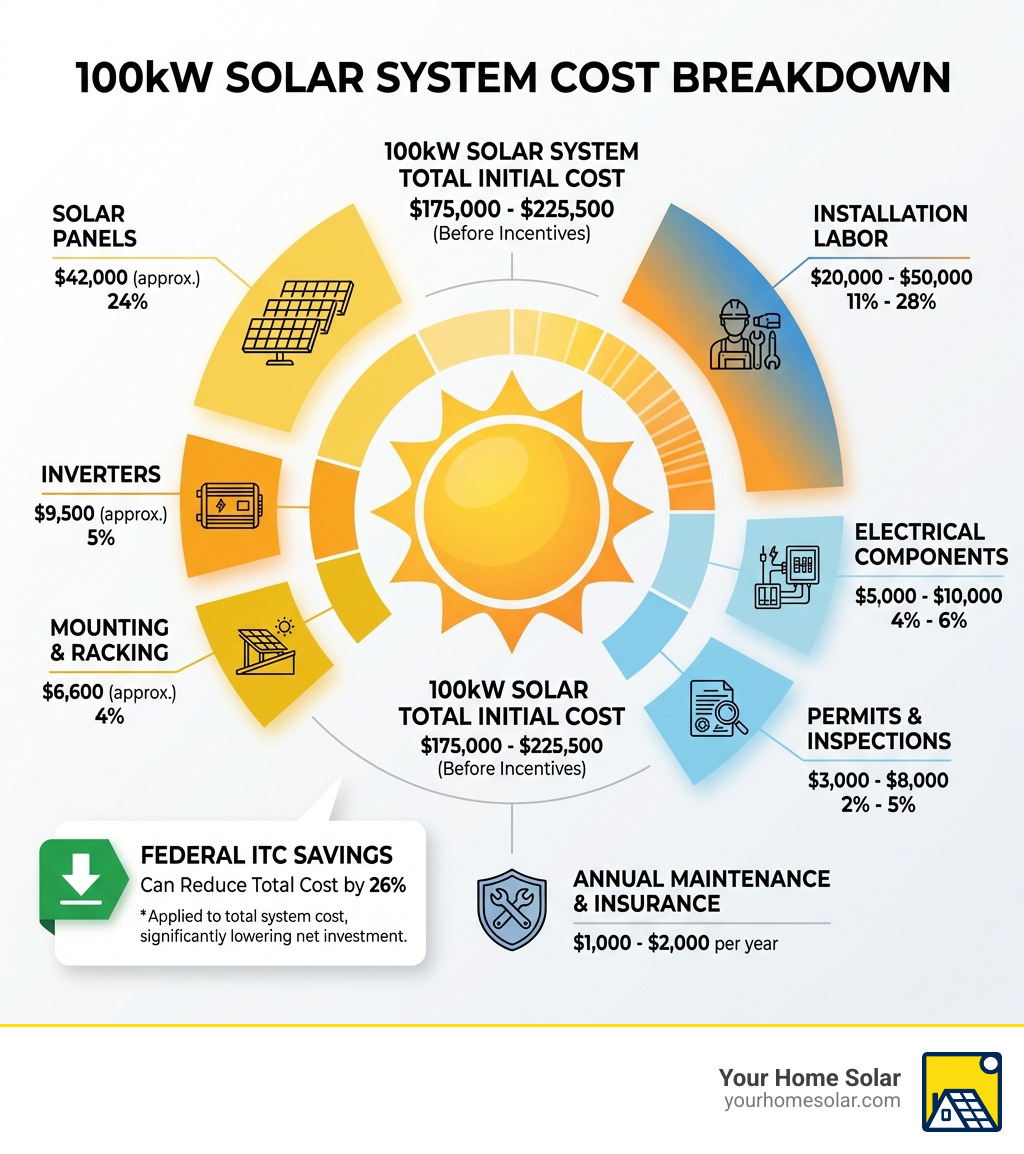Infographic showing the breakdown of a 100kW solar system cost: Solar Panels ($42,000 - 24%), Inverters ($9,500 - 5%), Mounting & Racking ($6,600 - 4%), Electrical Components ($5,000-$10,000 - 4-6%), Installation Labor ($20,000-$50,000 - 11-28%), Permits & Inspections ($3,000-$8,000 - 2-5%), Maintenance & Insurance (Annual: $1,000-$2,000), and a note showing Federal ITC can reduce total cost by 26% - 100 kilowatt solar system cost infographic Infographic showing the breakdown of a 100kW solar system cost: Solar Panels ($42,000 - 24%), Inverters ($9,500 - 5%), Mounting & Racking ($6,600 - 4%), Electrical Components ($5,000-$10,000 - 4-6%), Installation Labor ($20,000-$50,000 - 11-28%), Permits & Inspections ($3,000-$8,000 - 2-5%), Maintenance & Insurance (Annual: $1,000-$2,000), and a note showing Federal ITC can reduce total cost by 26% - 100 kilowatt solar system cost infographic