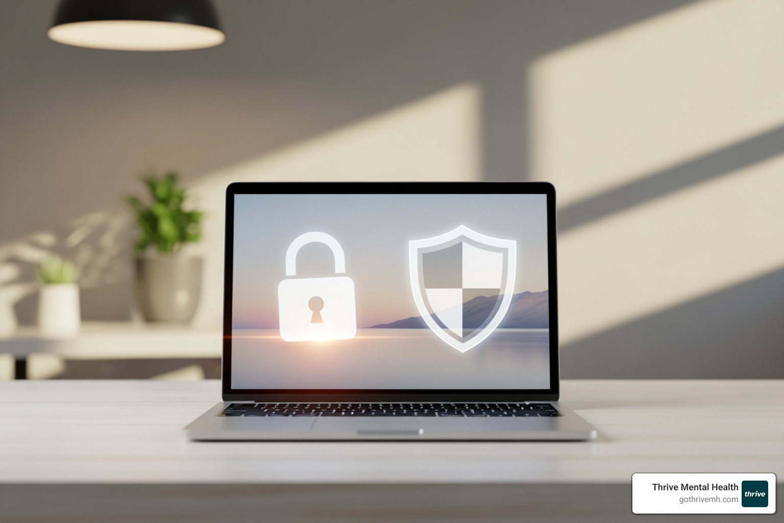 digital lock and shield icon over a laptop screen - confidential online therapy