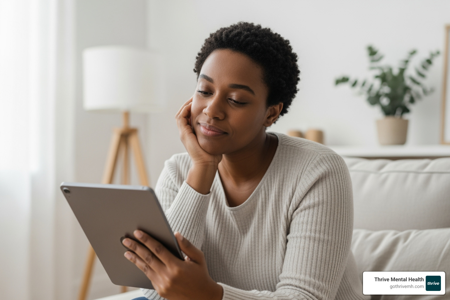person looking relieved and calm while using a tablet for a therapy session - confidential online therapy