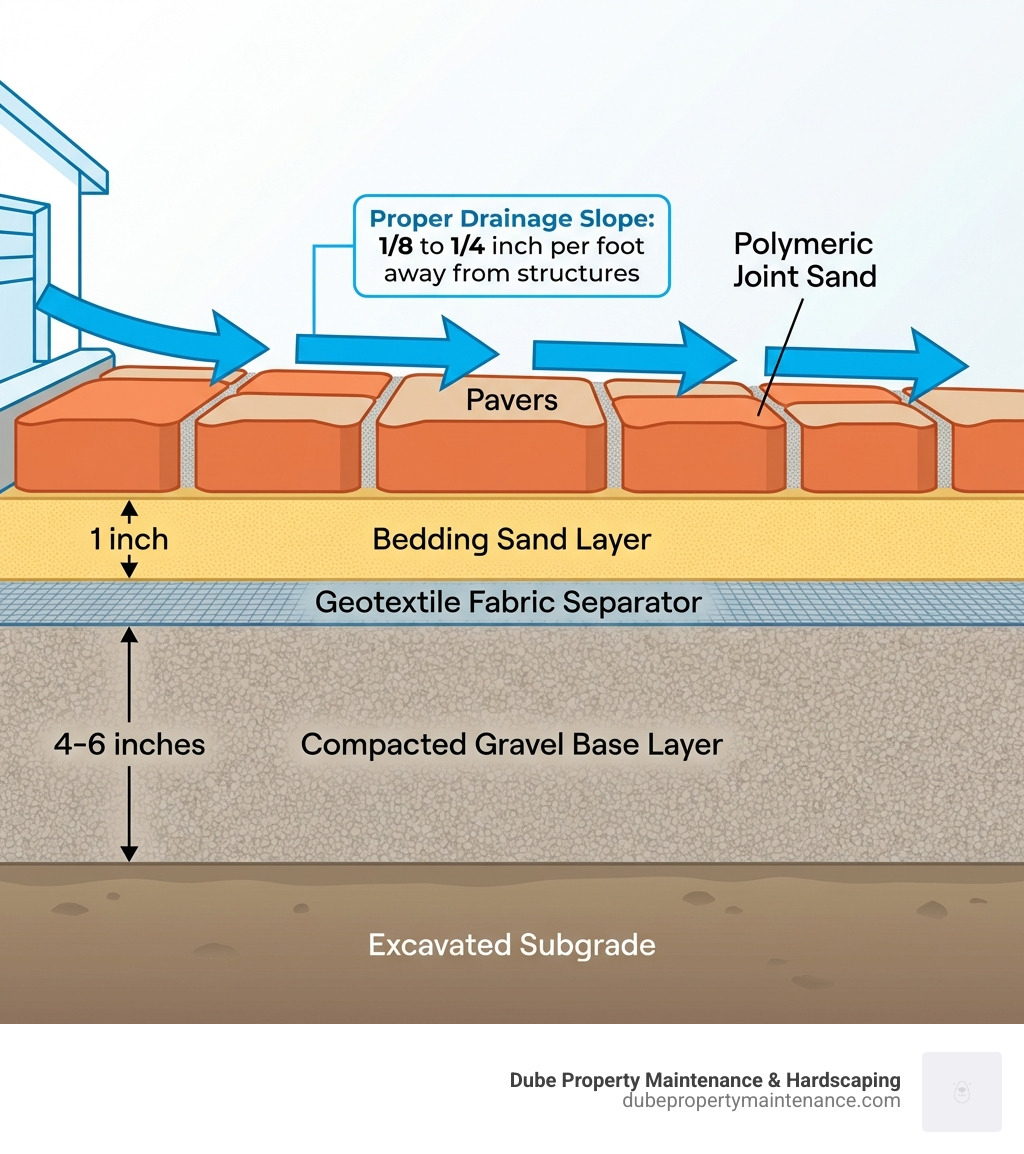 Infographic showing the layers of a professional paver walkway installation: excavated subgrade at the bottom, compacted gravel base layer (4-6 inches), geotextile fabric separator, bedding sand layer (1 inch), pavers on top, and polymeric joint sand between pavers. Arrows indicate proper drainage slope of 1/8 to 1/4 inch per foot away from structures. - Paver Walkway Installation infographic 