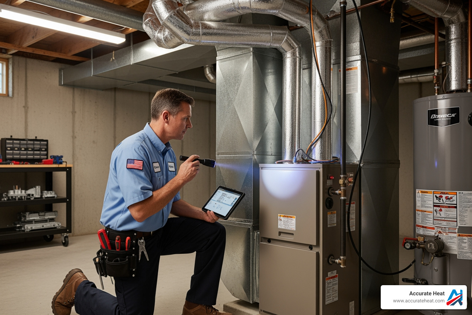 HVAC technician inspecting a furnace and ductwork - adding central air to forced air heat HVAC technician inspecting a furnace and ductwork - adding central air to forced air heat