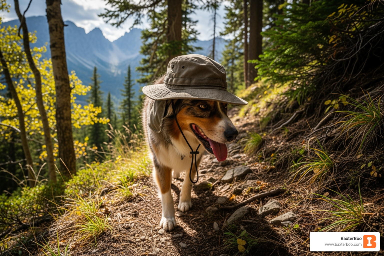 A dog confidently navigating a hiking trail, wearing a durable outdoor hat secured with an adjustable chin strap. - adjustable chin strap A dog confidently navigating a hiking trail, wearing a durable outdoor hat secured with an adjustable chin strap. - adjustable chin strap