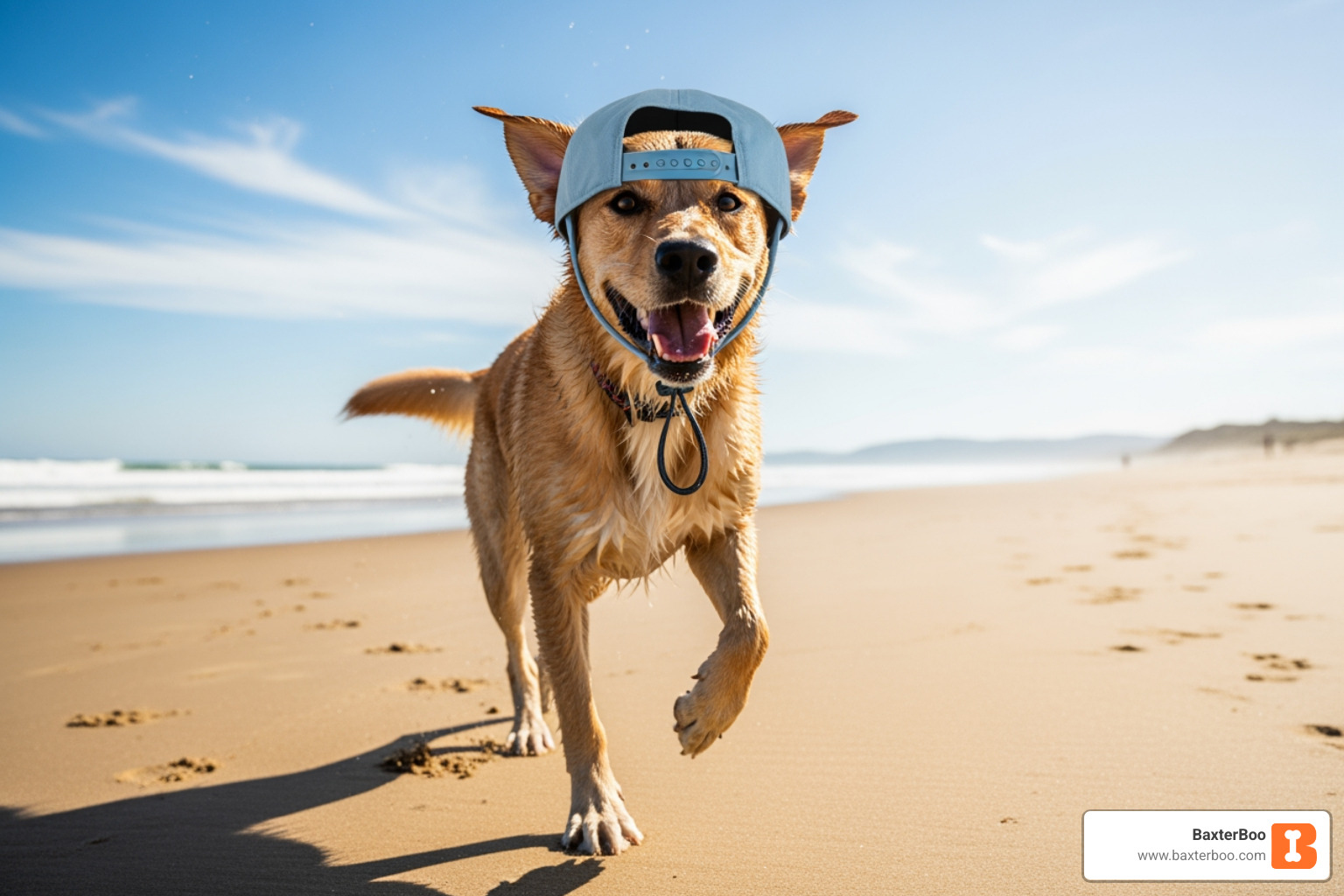 A happy dog with a secure cap runs joyfully on a beach, the adjustable chin strap keeping the headwear perfectly in place. - adjustable chin strap A happy dog with a secure cap runs joyfully on a beach, the adjustable chin strap keeping the headwear perfectly in place. - adjustable chin strap