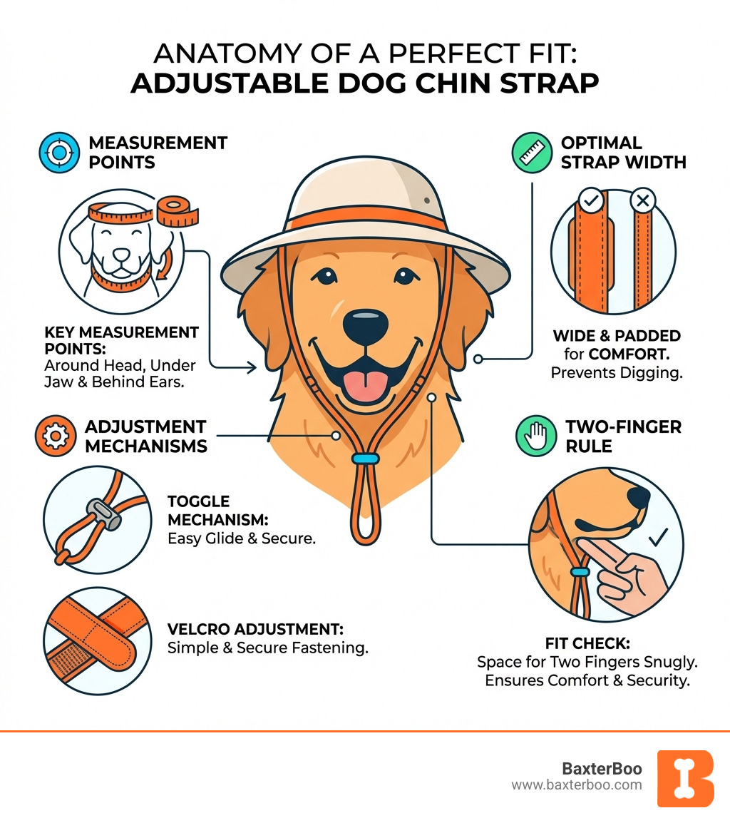 infographic showing the anatomy of a properly fitted adjustable chin strap on dog headwear, including measurement points, adjustment mechanisms like toggles and velcro, optimal strap width, and the two-finger rule for checking fit - adjustable chin strap infographic infographic showing the anatomy of a properly fitted adjustable chin strap on dog headwear, including measurement points, adjustment mechanisms like toggles and velcro, optimal strap width, and the two-finger rule for checking fit - adjustable chin strap infographic