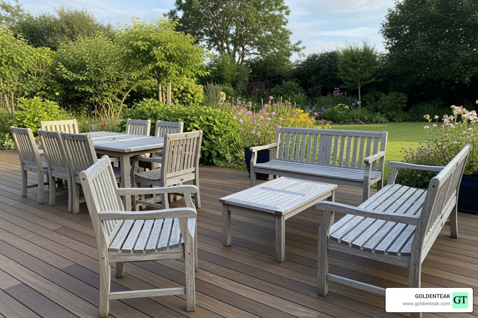 Goldenteak furniture weathering gracefully to a silver-gray patina on a deck overlooking a garden - teak outdoor Massachusetts