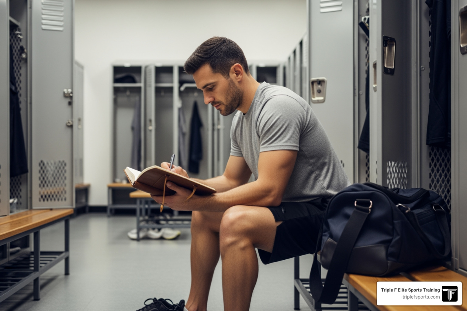 an athlete journaling in a locker room - example of mental skills training for athletes an athlete journaling in a locker room - example of mental skills training for athletes