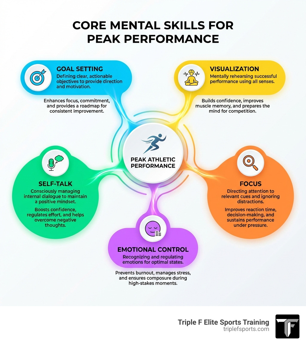 infographic showing the core mental skills for athletes including goal setting, visualization, self-talk, focus, and emotional control with brief descriptions of each skill and how they contribute to peak performance - example of mental skills training for athletes infographic infographic showing the core mental skills for athletes including goal setting, visualization, self-talk, focus, and emotional control with brief descriptions of each skill and how they contribute to peak performance - example of mental skills training for athletes infographic