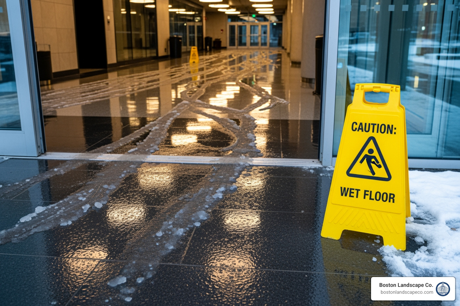 Caution: Wet Floor sign near a building entrance with melted snow tracked inside - snow removal for businesses