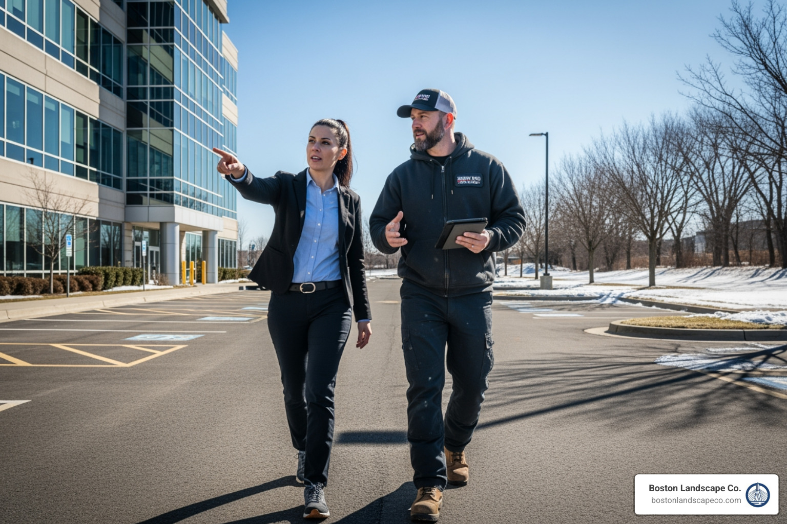 Property manager and contractor doing a site walk-through on a sunny day - snow removal for businesses