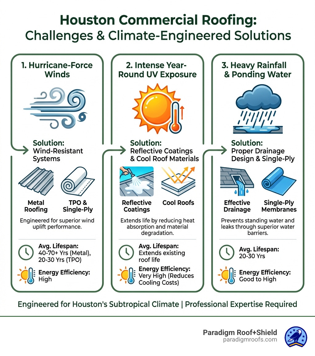 Infographic showing Houston's three primary commercial roofing challenges with corresponding solutions: Hurricane-force winds paired with metal and TPO systems for wind resistance, intense year-round UV exposure addressed by reflective coatings and cool roof materials, and heavy rainfall with ponding water issues solved through proper drainage design and single-ply membranes, including average lifespans and energy efficiency ratings for each system type - commercial roofing in houston texas infographic Infographic showing Houston's three primary commercial roofing challenges with corresponding solutions: Hurricane-force winds paired with metal and TPO systems for wind resistance, intense year-round UV exposure addressed by reflective coatings and cool roof materials, and heavy rainfall with ponding water issues solved through proper drainage design and single-ply membranes, including average lifespans and energy efficiency ratings for each system type - commercial roofing in houston texas infographic
