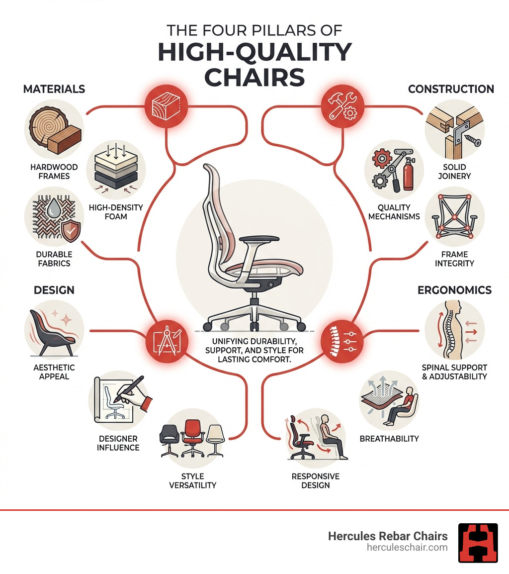 Infographic showing the four pillars of high-quality chairs: Materials (hardwood frames, high-density foam, durable fabrics), Construction (solid joinery, quality mechanisms, frame integrity), Ergonomics (spinal support, adjustability, breathability, responsive design), and Design (aesthetic appeal, designer influence, style versatility) - high quality chairs infographic Infographic showing the four pillars of high-quality chairs: Materials (hardwood frames, high-density foam, durable fabrics), Construction (solid joinery, quality mechanisms, frame integrity), Ergonomics (spinal support, adjustability, breathability, responsive design), and Design (aesthetic appeal, designer influence, style versatility) - high quality chairs infographic
