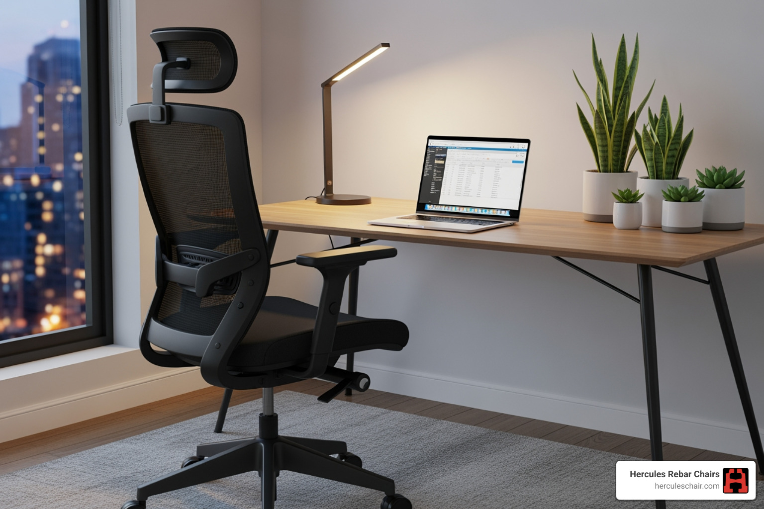 A sleek ergonomic chair in a modern home office setting, with a laptop and plants on the desk - high quality chairs A sleek ergonomic chair in a modern home office setting, with a laptop and plants on the desk - high quality chairs
