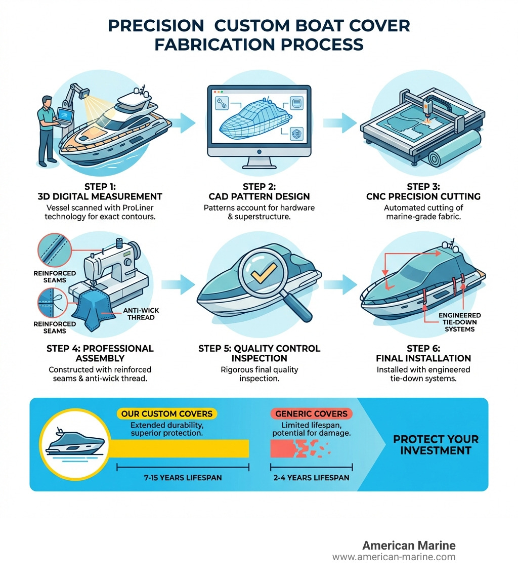 Infographic showing the fabrication process for precision custom boat covers: 1) 3D Digital Measurement of vessel using ProLiner technology, 2) CAD Pattern Design accounting for hardware and superstructure, 3) CNC Precision Cutting of marine-grade fabric, 4) Professional Assembly with reinforced seams and anti-wick thread, 5) Quality Control inspection, 6) Final Installation with engineered tie-down systems—resulting in 7-15 year lifespan versus 2-4 years for generic covers - custom boat cover infographic 