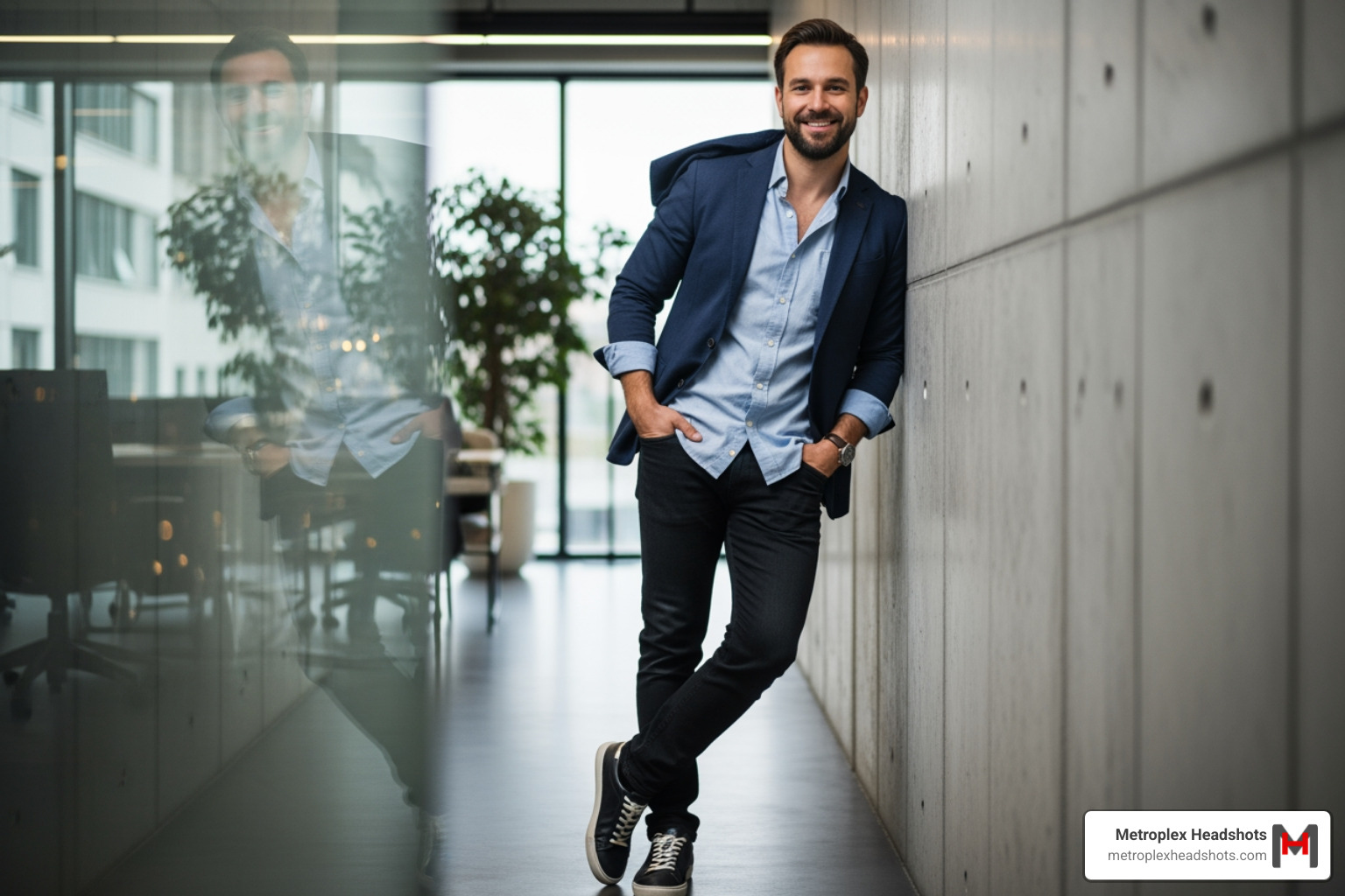 Person in a dynamic, natural pose like leaning against a wall - cool professional headshots