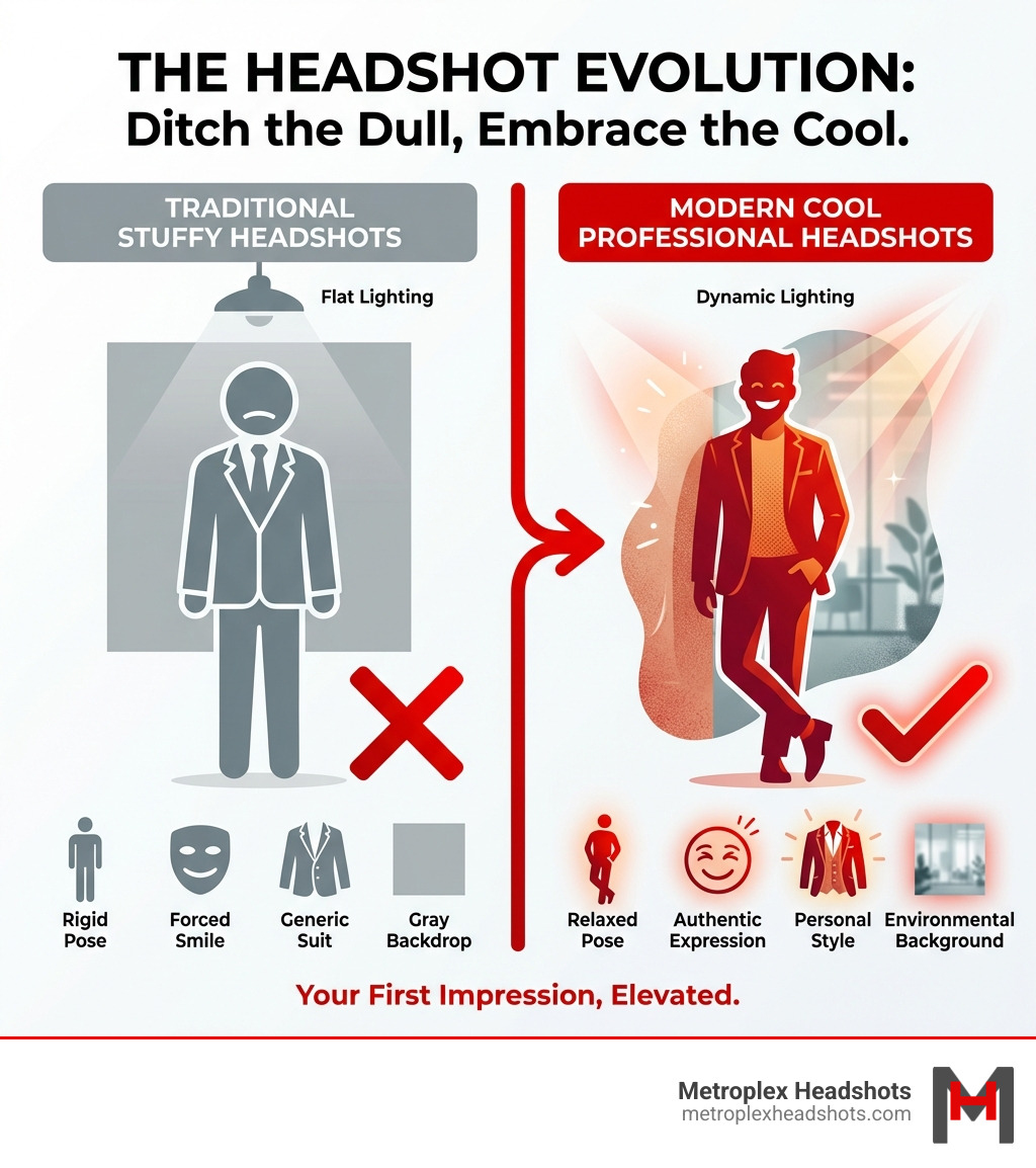 Infographic comparing traditional stuffy headshots versus modern cool professional headshots: Traditional shows gray backdrop, rigid pose, forced smile, generic suit, flat lighting; Modern shows environmental background, relaxed pose, authentic expression, personal style, dynamic lighting - cool professional headshots infographic 
