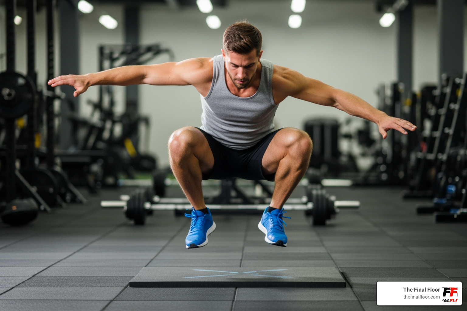athlete landing a jump on a cushioned gym floor - High quality gym floors